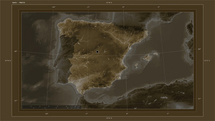 Spain composition. Sepia elevation map