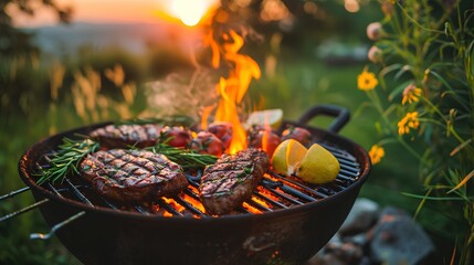 A sizzling summer barbecue scene featuring juicy meats and fresh vegetables being grilled to perfection on a smoky outdoor grill, ideal for a family dinner or a friendly gathering. - obrazy, fototapety, plakaty