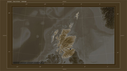 Scotland - Great Britain composition. Sepia elevation map