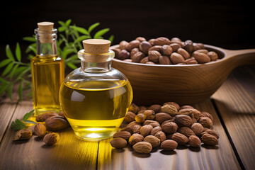 Obraz na płótnie Canvas Bottles of castor oil and almonds .A nourishing skincare product concept.