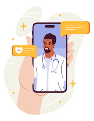 Online doctor concept. Man in medical coat with stethoscope at smartphone screen. Health care and treatment, medicine. Telemedicine. Cartoon flat vector illustration isolated on white background