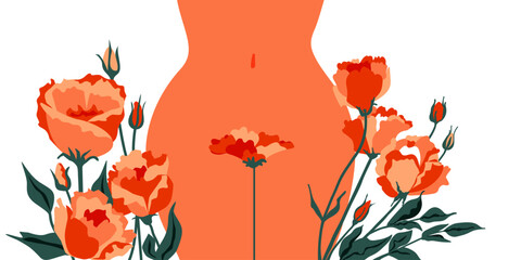 Women's health. Female hips. Bikini line. Abstract flowers. Red roses. The topic of female intimate depilation and hygiene. Vector illustration. 