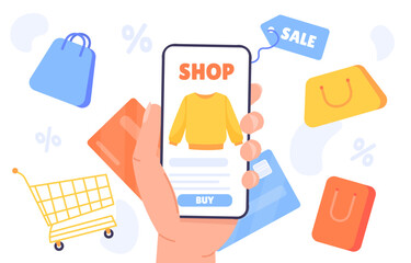 Online shopping concept. Hand with smartphone buy yellow sweater. Special and limited offer for clients. Electronic commerce and marketing, advertising. Cartoon flat vector illustration