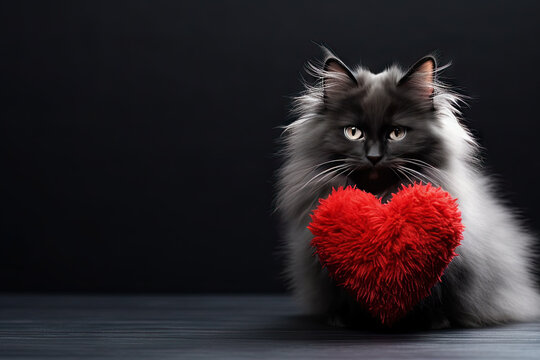 A red knitted heart in the paws of a cat. A postcard with a gray and black fluffy cat for Valentine's Day. Festive background with a cat. copy space