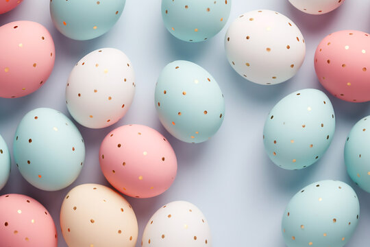 Painted eggs with polka dots on a blue background, pastel colors, Easter background, top view.