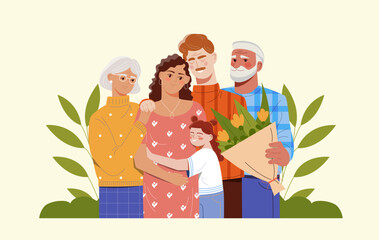 Parents day poster. Good relations between different generations of family. Elderly man and woman with guy and girl, daughter. Greeting postcard template. Cartoon flat vector illustration