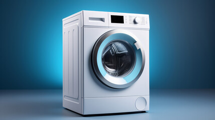 Modern White Washing Machine on Blue Background