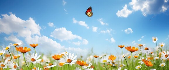 Obraz premium Flowers daisies in summer spring meadow on background blue sky with white clouds, flying orange butterfly, wide format. Summer natural idyllic pastoral landscape, copy space.