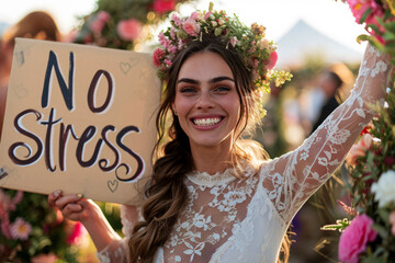 No stress concept image with a bride woman in middle of beautiful nature holding a sign with written words No stress - Powered by Adobe