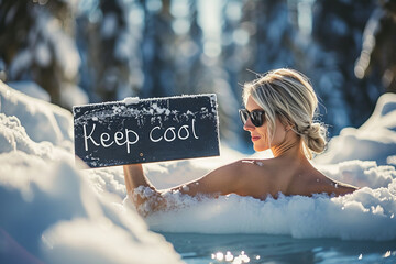 Keep cool concept image with a young woman taking a cool bath of ice while holding a sign with written words Keep cool for remain calm message