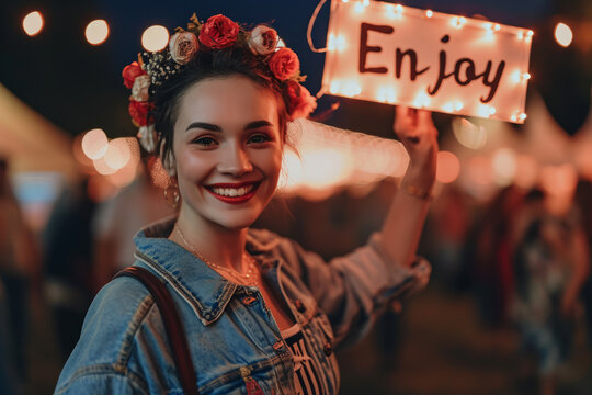 Enjoy concept image with an happy young woman enjoying a summer music festival holding a sign with written word Enjoy