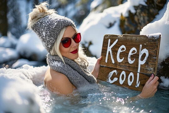 Keep cool concept image with a young woman taking a cool bath of ice while holding a sign with written words Keep cool for remain calm message