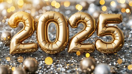 2025 Happy New Year, Banner, Ballons, Golden Confeti, Copyspace, Illustration, Celebration, Generative Ai