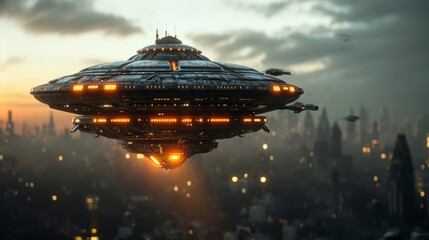 Futuristic Spaceship Over City at Dusk