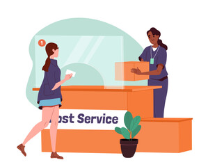 Post service scene. Mailing and postal occupation. Woman give box to client. Customer sending parcel. International correspondence. Cartoon flat vector illustration isolated on white background