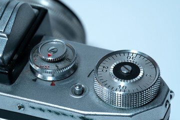 Close-up of the exposure time dials on an analog camera