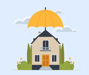 Property insurance concept. Real estate and home under yellow umbrella. Protection from rain and wet weather. Financial deal and agreement. Cartoon flat vector illustration isolated on blue background
