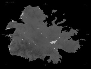 Antigua and Barbuda shape isolated on black. Grayscale elevation map