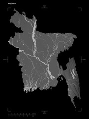 Bangladesh shape isolated on black. Grayscale elevation map
