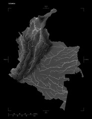 Colombia shape isolated on black. Grayscale elevation map