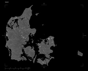 Denmark shape isolated on black. Grayscale elevation map