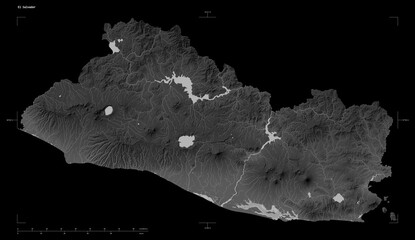 El Salvador shape isolated on black. Grayscale elevation map