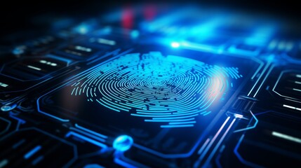 Fingerprint on Digital Biometric Scanner with Blue Neon Lights
