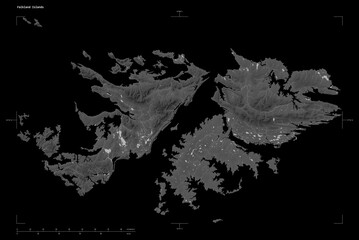 Falkland Islands shape isolated on black. Grayscale elevation map - obrazy, fototapety, plakaty