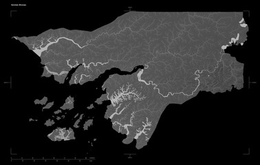 Guinea-Bissau shape isolated on black. Grayscale elevation map