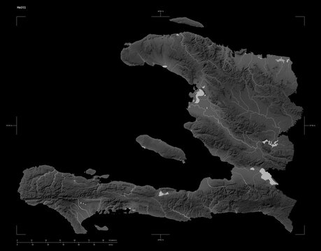 Haiti shape isolated on black. Grayscale elevation map