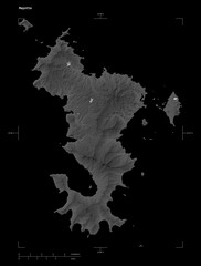Mayotte shape isolated on black. Grayscale elevation map