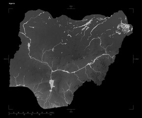 Nigeria shape isolated on black. Grayscale elevation map