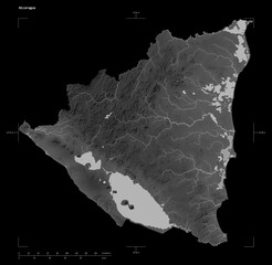 Nicaragua shape isolated on black. Grayscale elevation map