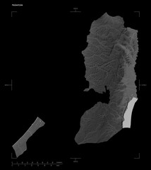 Palestine shape isolated on black. Grayscale elevation map