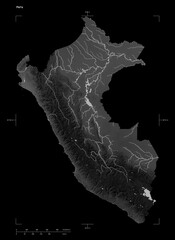 Peru shape isolated on black. Grayscale elevation map - obrazy, fototapety, plakaty