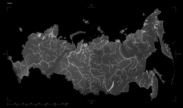 Russia shape isolated on black. Grayscale elevation map