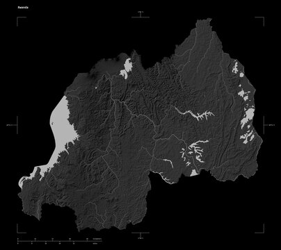 Rwanda shape isolated on black. Grayscale elevation map