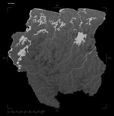 Suriname shape isolated on black. Grayscale elevation map