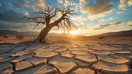 An evocative image capturing the harsh beauty of a solitary dried tree standing resilient in the midst of a scorching desert landscape. Ai generated