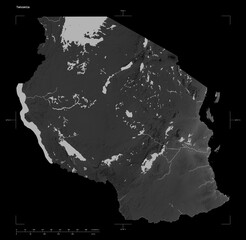 Tanzania shape isolated on black. Grayscale elevation map © zelwanka