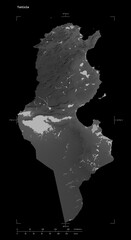 Tunisia shape isolated on black. Grayscale elevation map