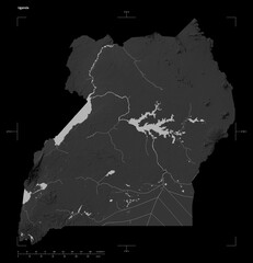 Uganda shape isolated on black. Grayscale elevation map