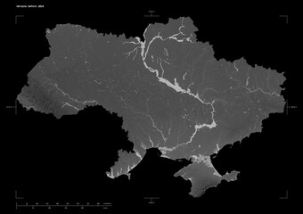 Ukraine before 2014 shape isolated on black. Grayscale elevation map