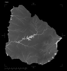 Uruguay shape isolated on black. Grayscale elevation map