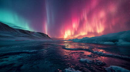 Witness the enchanting dance of the mesmerizing northern lights or  or aurora borealis with breathtaking landscapes. Ai generated