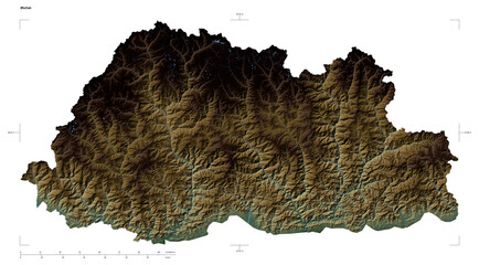 Bhutan shape isolated on white. Physical elevation map