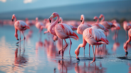Capture the grace and beauty of pink flamingos as they adorn the serene landscape of a tranquil lake. Ai generated