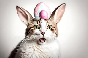 A delightful image of a pretty cat donning rabbit ears and playfully holding an Easter egg, set against a pristine white background, capturing a whimsical and festive moment.