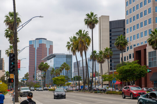 Long Beach modern buildings on Ocean Blvd at Pacific Avenue in downtown Long Beach, Los Angeles County, California CA, USA.