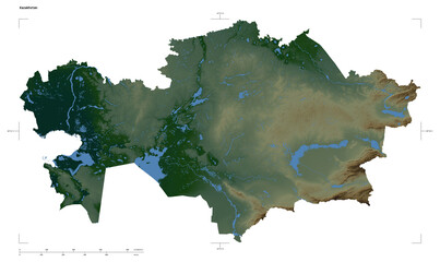 Kazakhstan shape isolated on white. Physical elevation map © zelwanka